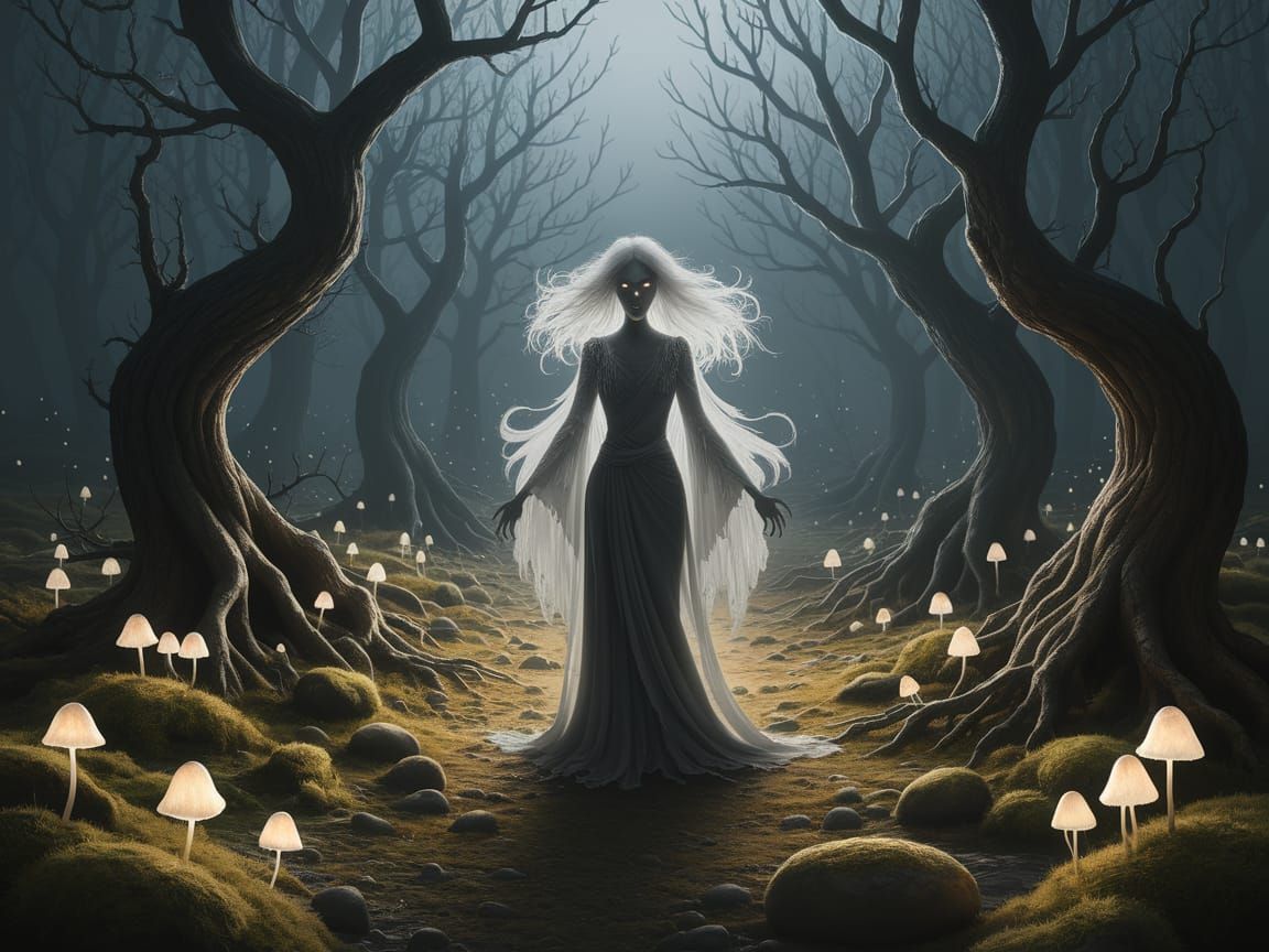 Ethereal Figure in Dark Forest, Gothic Illustration