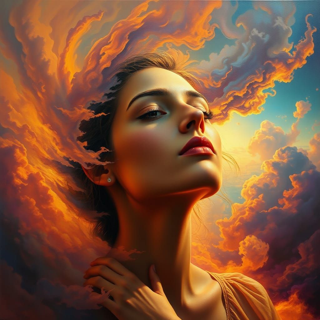 Woman in Dreamscape: Surreal Oil Painting