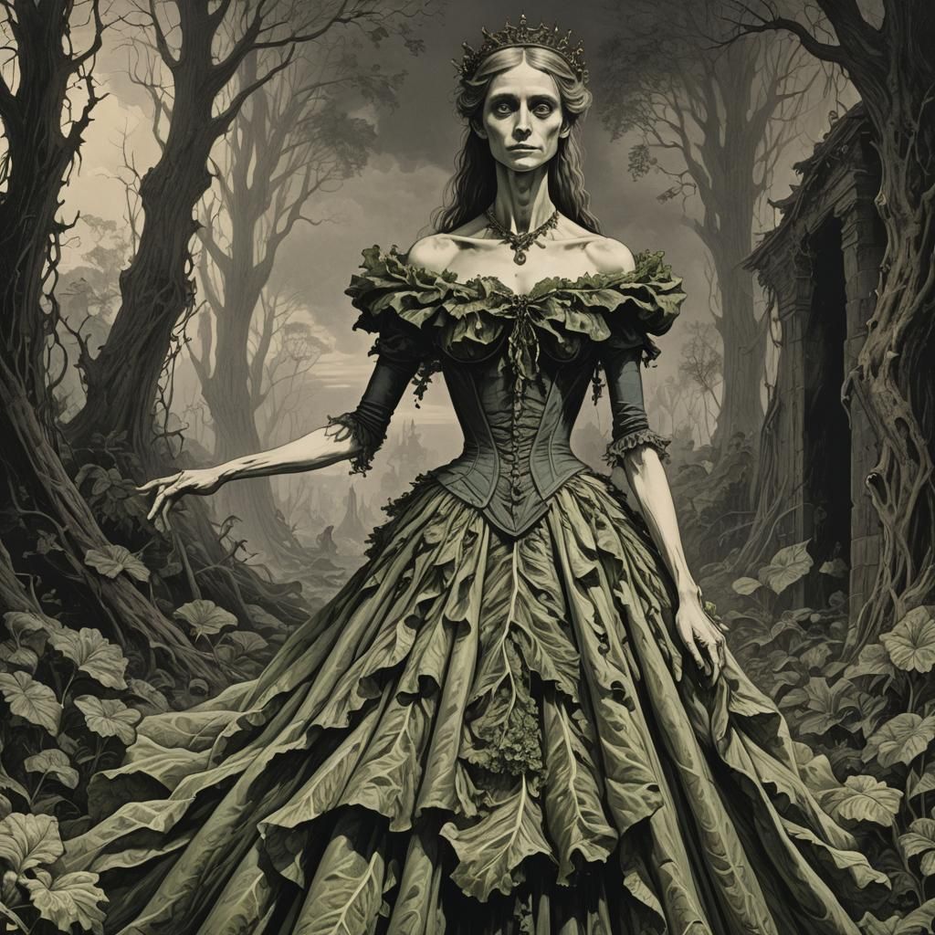 Skinny Woman in Lettuce Dress: Horror Art