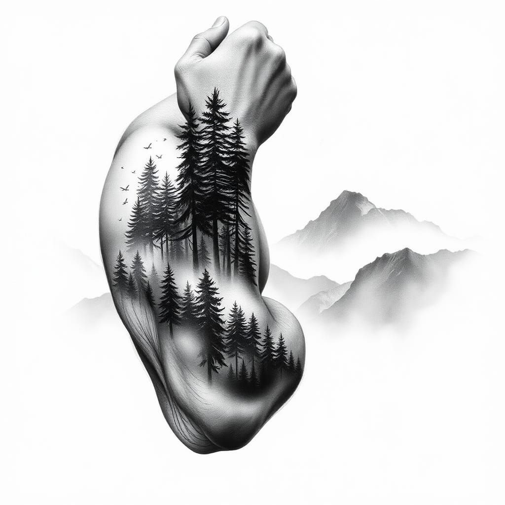 Detailed Charcoal Tattoo of Pine Forest on Muscular Arm