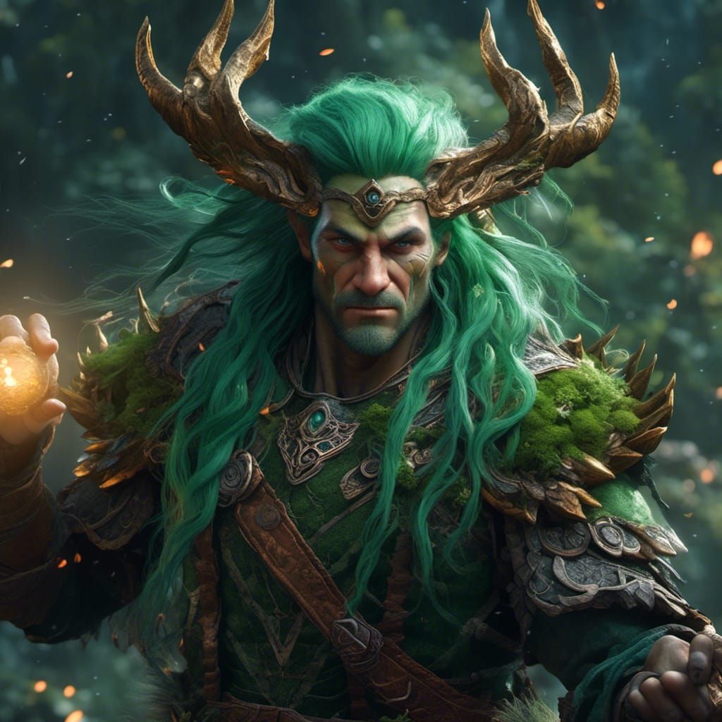 Green-Haired Genasi Druid in Hyperreal Style