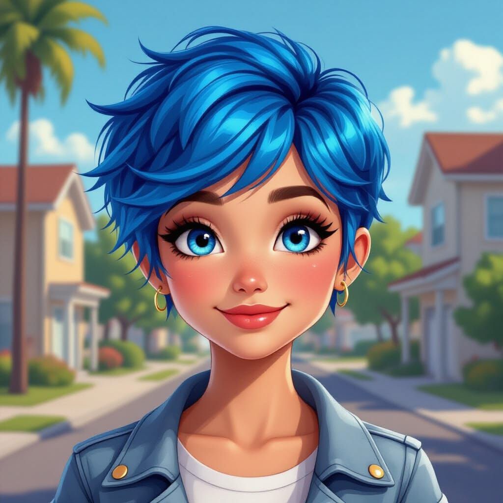 Cheerful Blue-Haired Sims Character in 3D Style