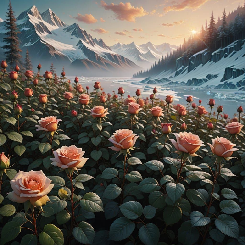 Rose Garden on Glacier in Digital Oil Painting