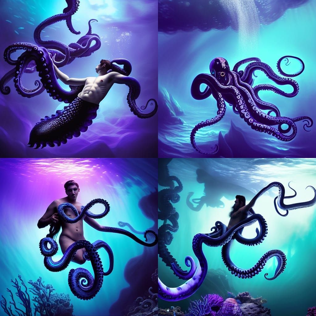 Merman with Octopus Tentacles in Underwater Light