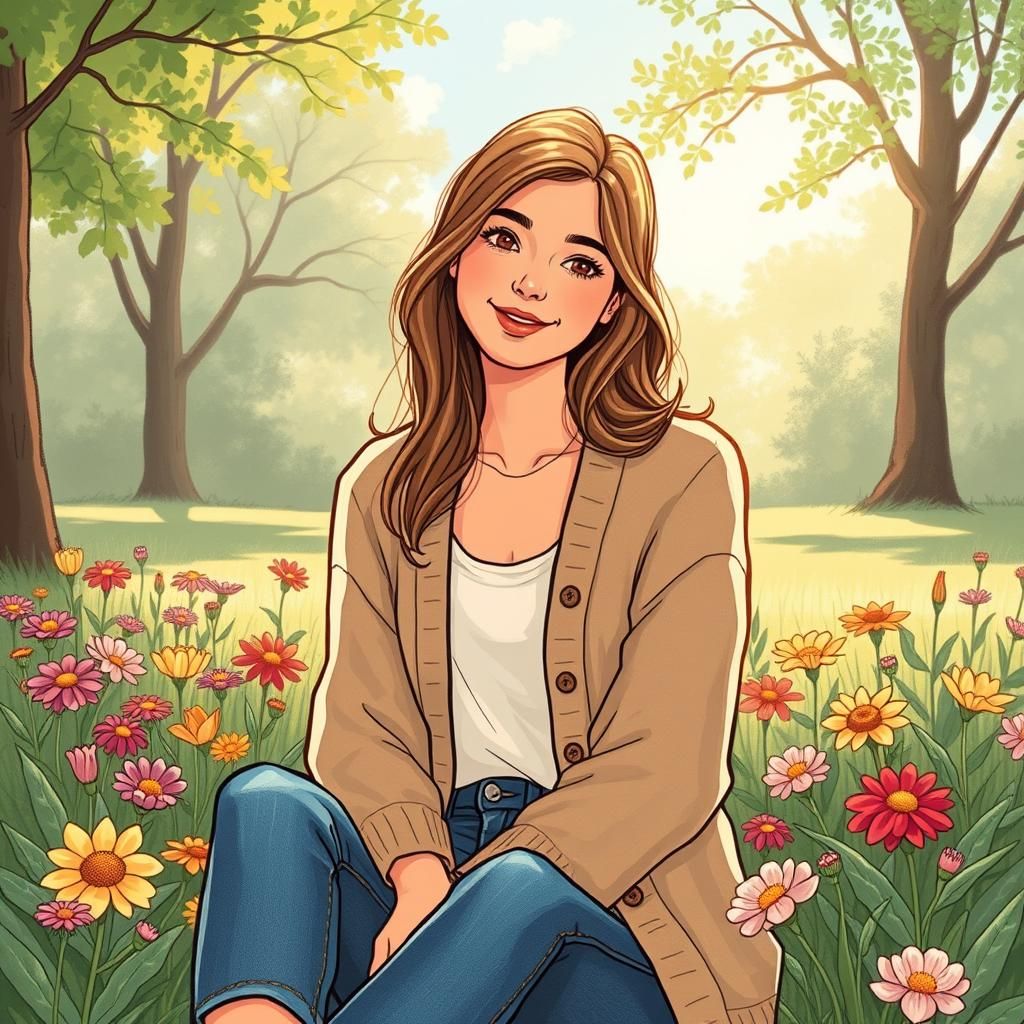 Serene Woman in Sunlit Park: Folk Art Illustration