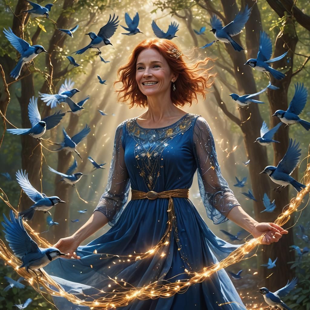 Ethereal Woman Surrounded by Bluebirds in Golden Light