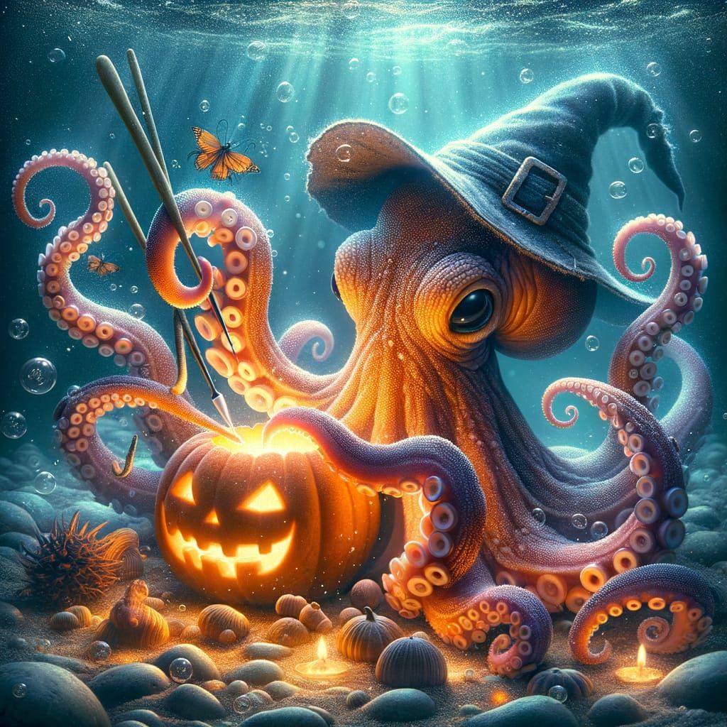 Whimsical Octopus Carves Glowing Jack-o'-lantern Underwater