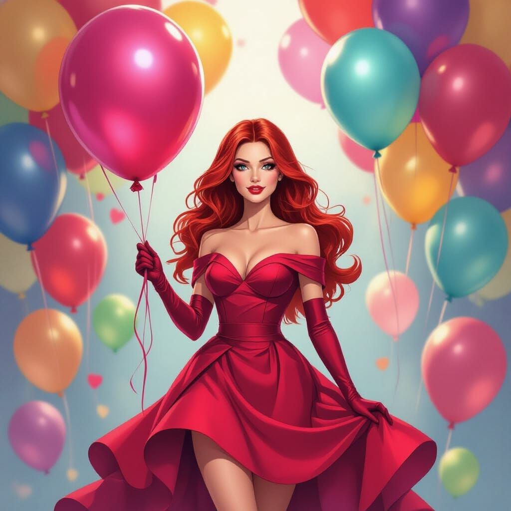 Scarlet Witch Celebrates with Balloons, Whimsical Art