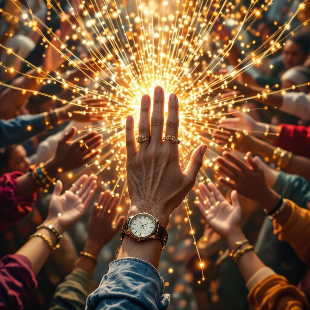 Hand Connecting People with Golden Threads