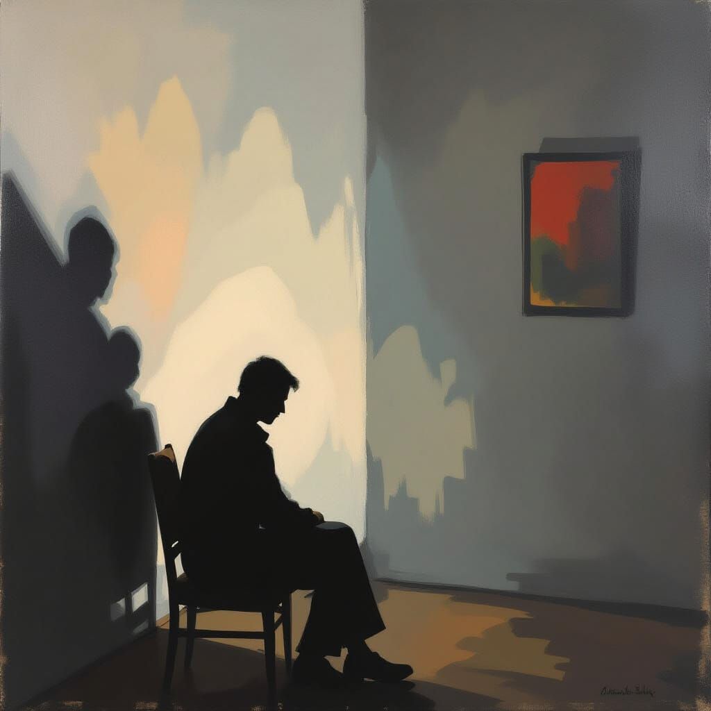 Contemplative Figure in Dimly Lit Room