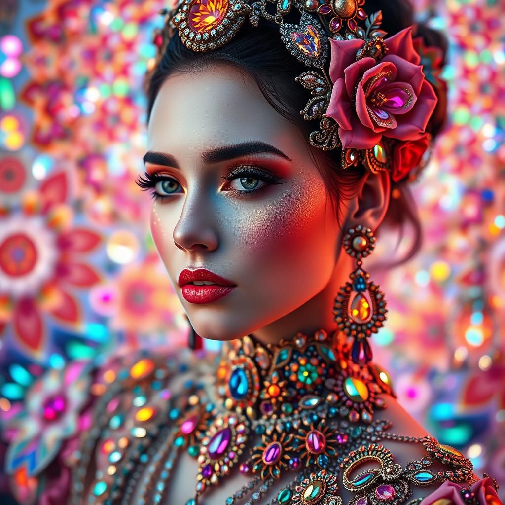 Woman in Ornate Jewelry with Dreamlike Illusions