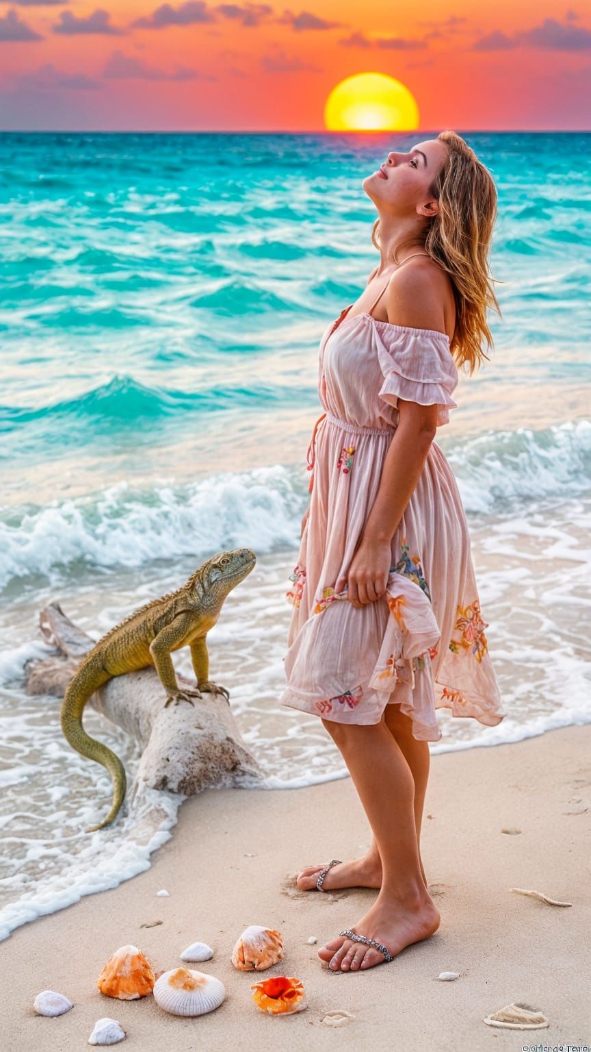Girl & Iguana Enjoy Setting Sun Casting a Warm Glow Across the Crystal Blue Waves π