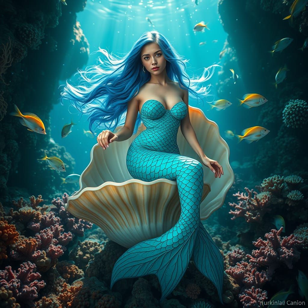 Turquoise Mermaid in Coral Reef, Hyperrealistic Style