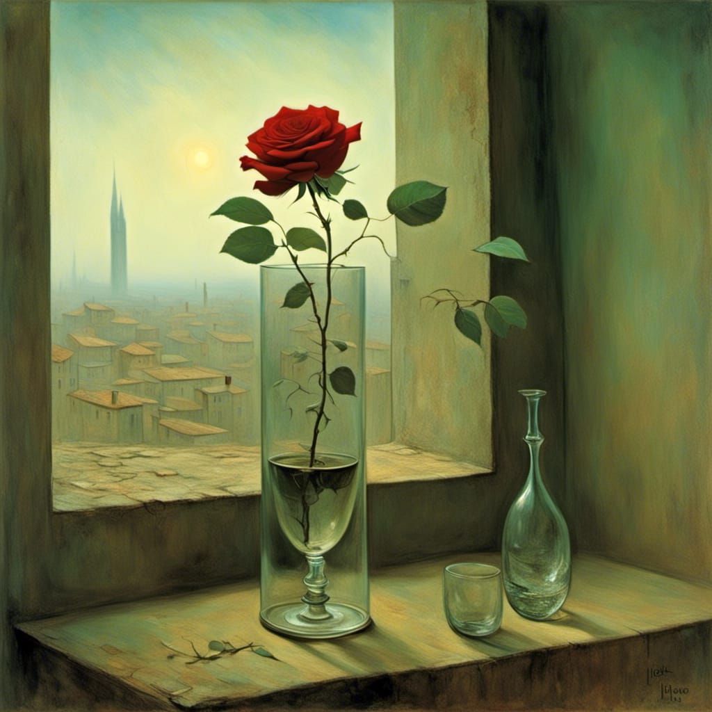Rose in Glass Vase, Surreal Beksinski-Inspired Art