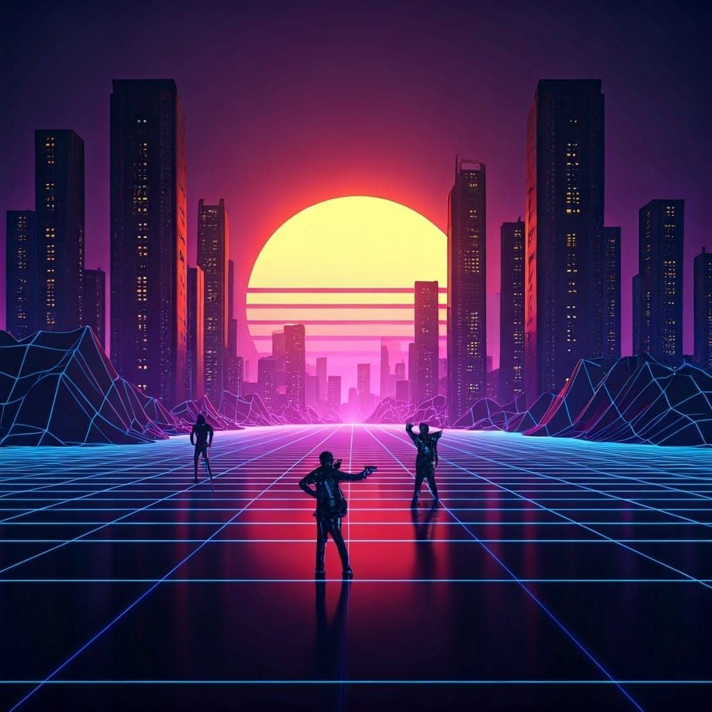 Neon Cityscape at Sunset: 80s-Style Futuristic Dream