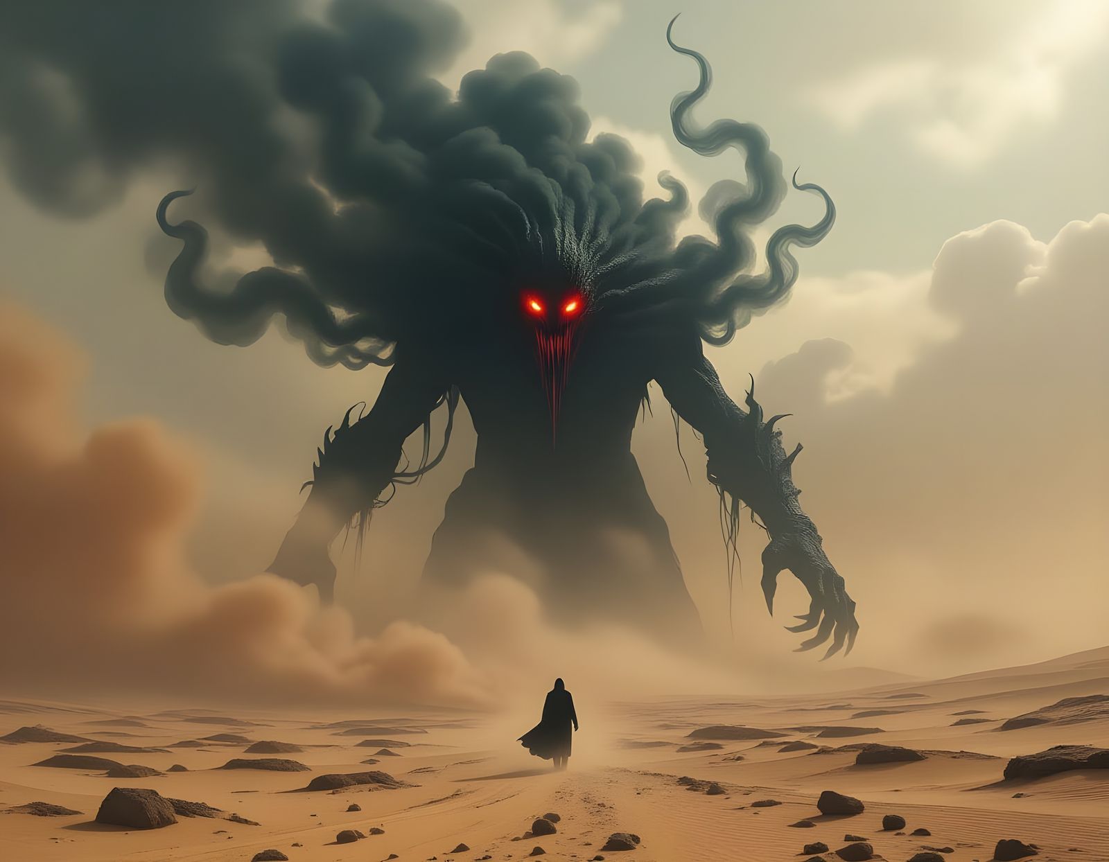 Colossal Smoke Entity Striding Across Alien Landscape