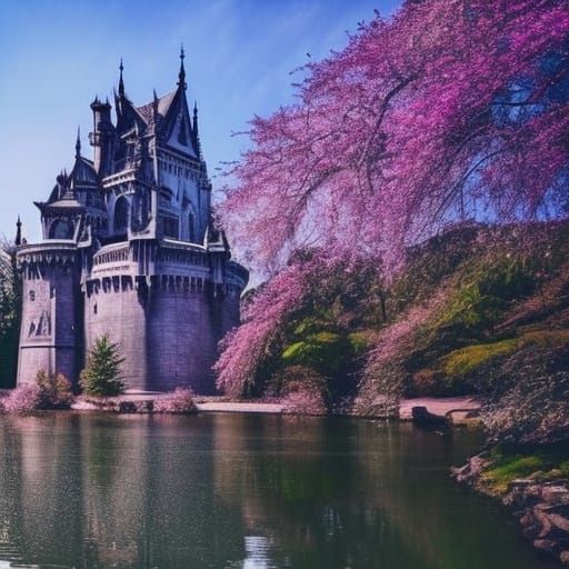 Gothic amethyst crystal Castle with moat and drawbridge& Beautiful Gothic windows& Beautiful cherry blossom trees& Beaut...