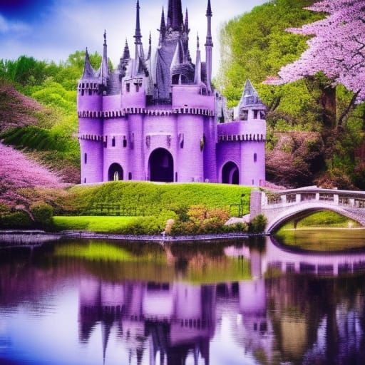 Gothic amethyst crystal Castle with moat and drawbridge& Beautiful Gothic windows& Beautiful cherry blossom trees& Beaut...