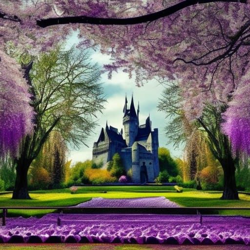 Gothic amethyst crystal Castle with moat and drawbridge& Beautiful Gothic windows& Beautiful cherry blossom trees& Beaut...