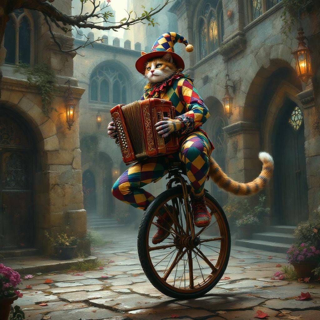 Harlequin Cat on Unicycle in Medieval Courtyard