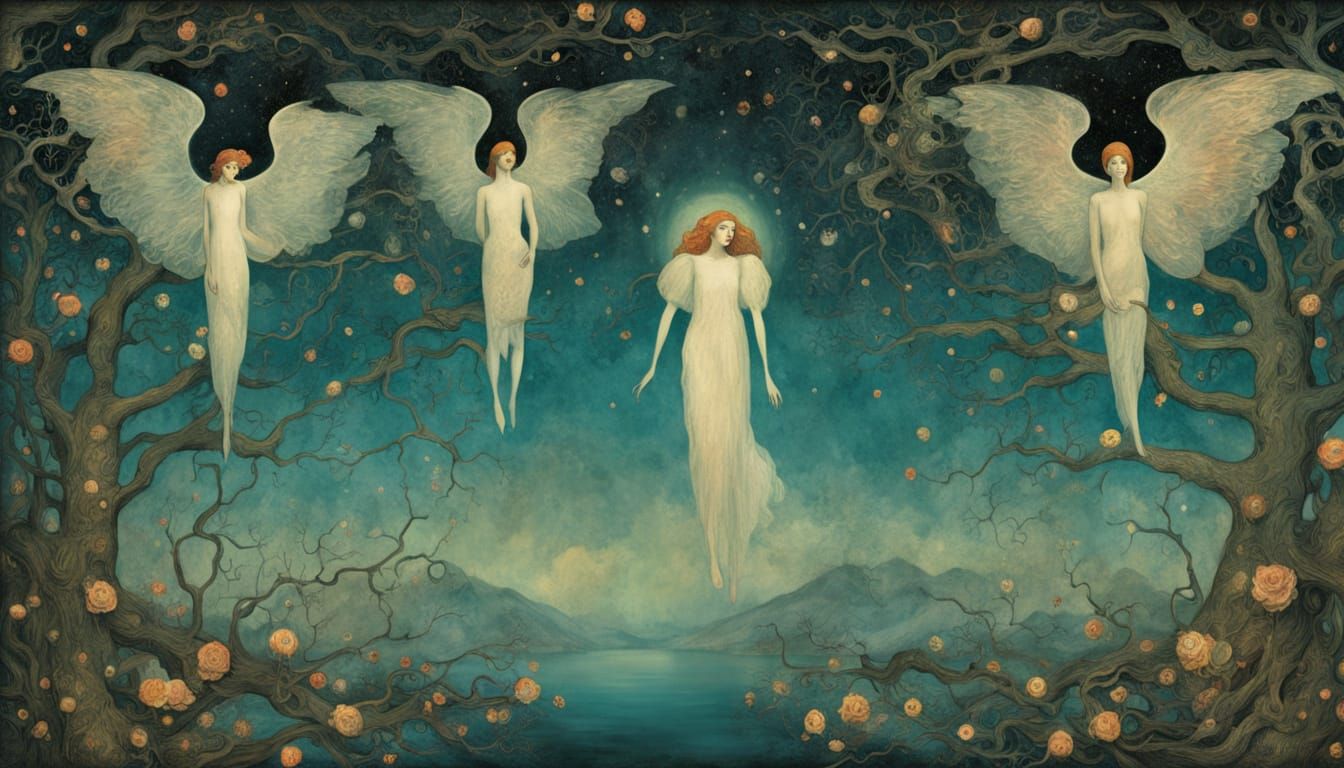 Dreamlike Art of Falling Angels in a Labyrinth of Light