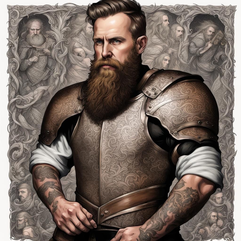 Armored Whiskey Warrior with Tattoos Portrait