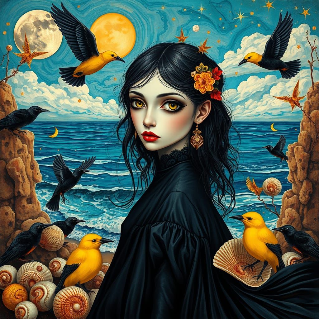 Gothic Surreal Girl With Birds and Klimt Accents