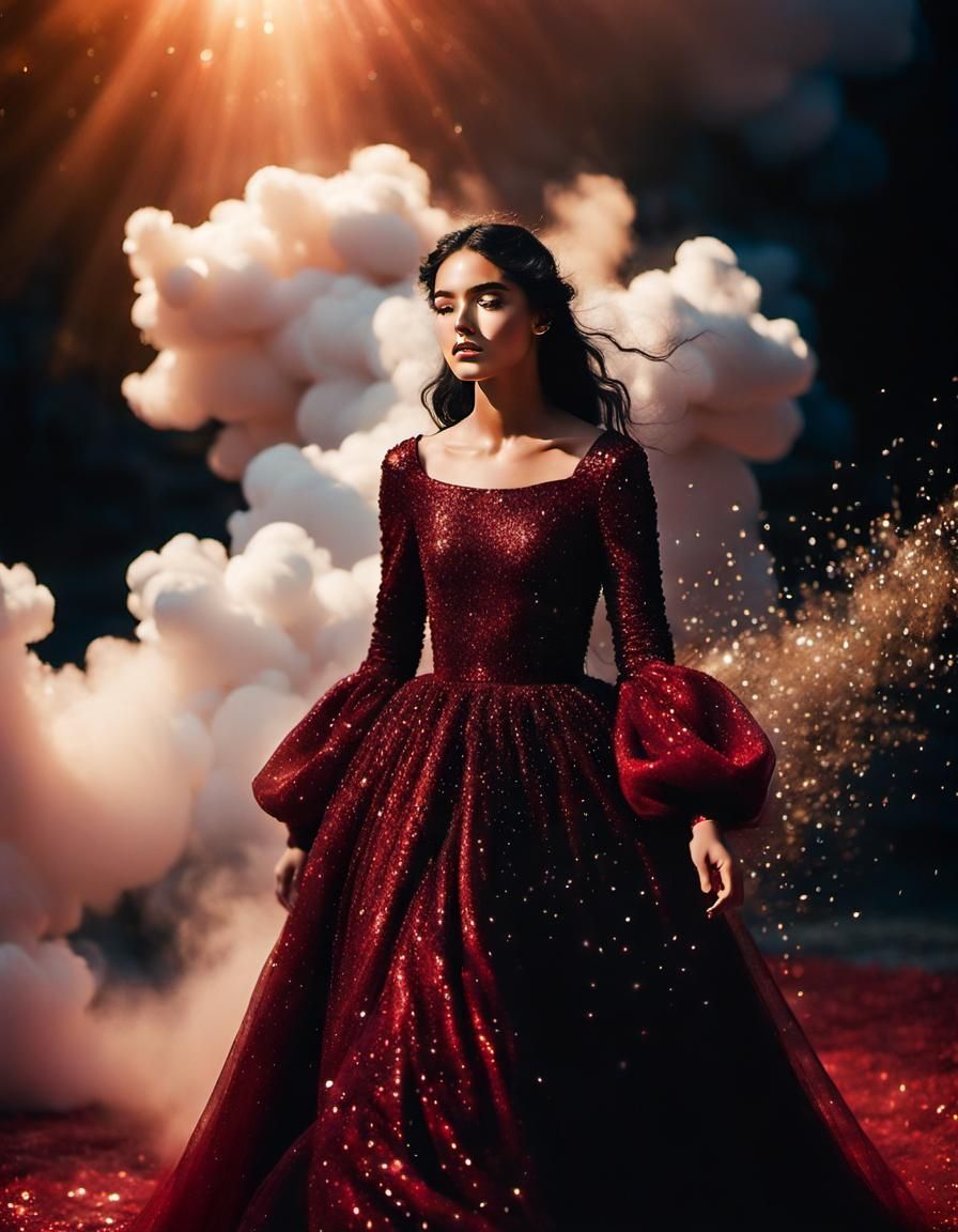 Teen in Red Gown Amidst Glittering Cloud
