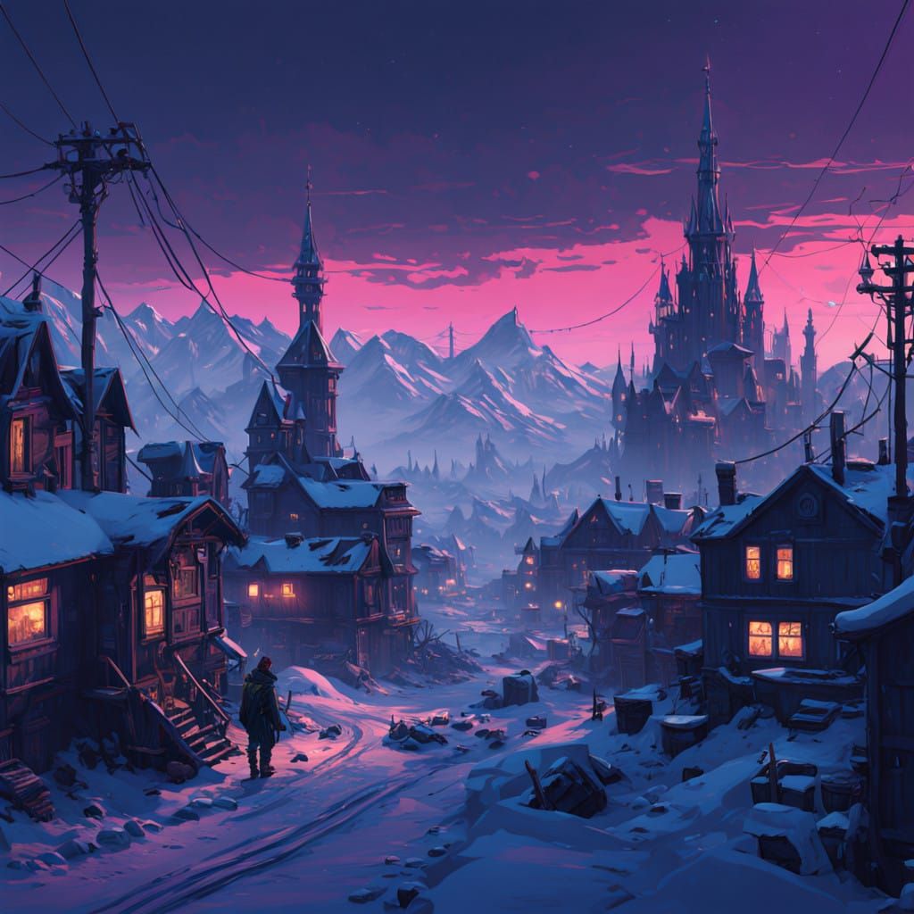 Ethereal Frostpunk Cityscape at Dusk