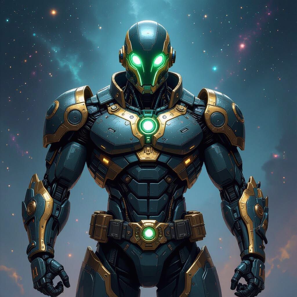 Heroic Cyborg Warrior in Cosmic Stardust