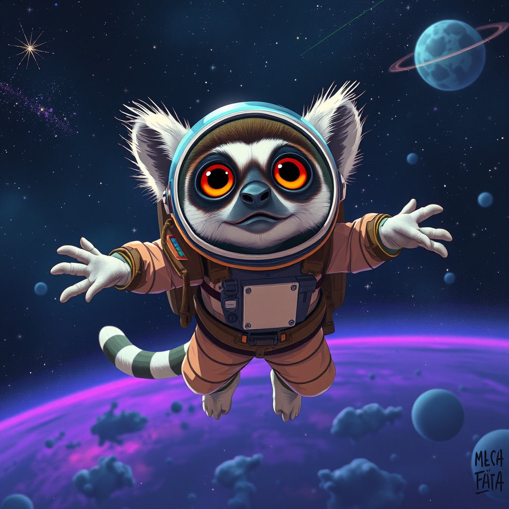 Space Lemur Floating Among the Stars in Retro-Futuristic Sty...