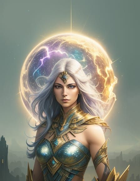 Ethereal Cosmic Heroine with Glowing GPS Symbol