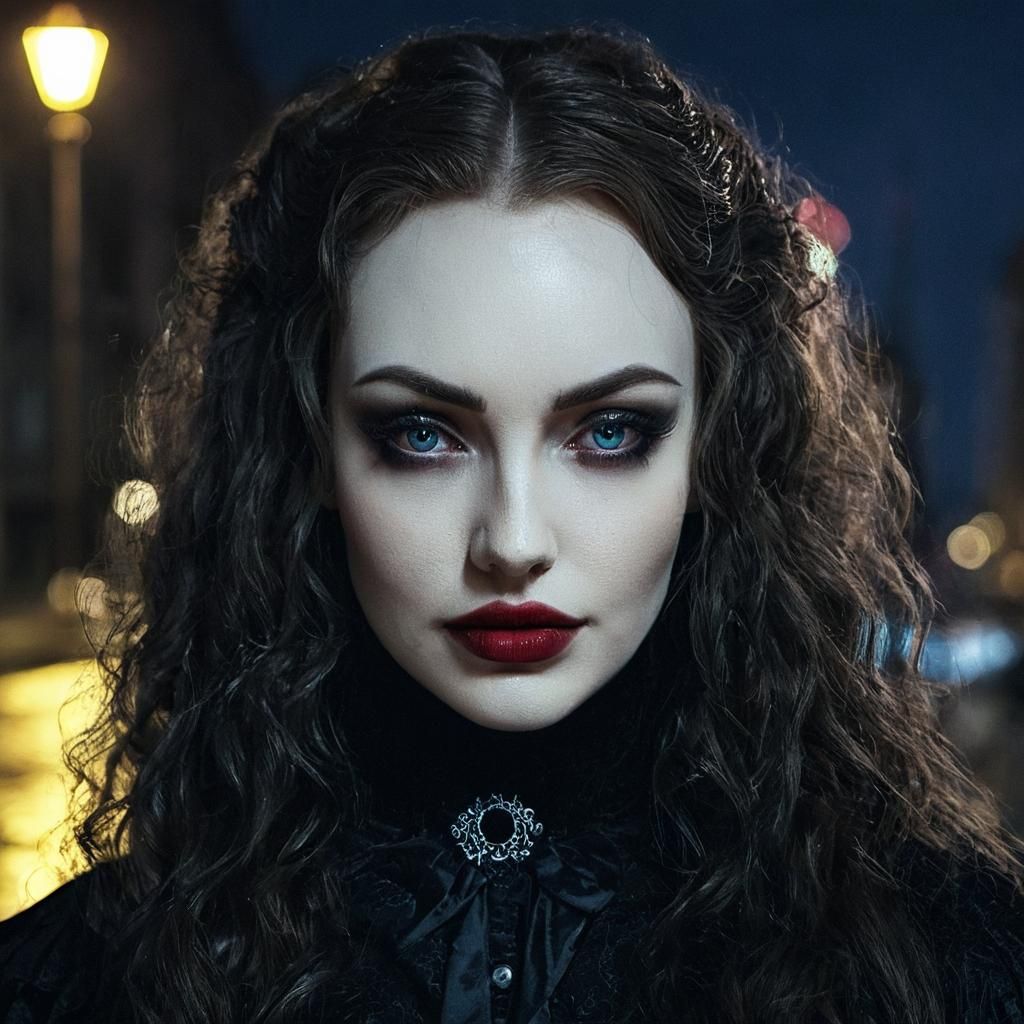 Victorian Vampire Girl in Gothic City at Night