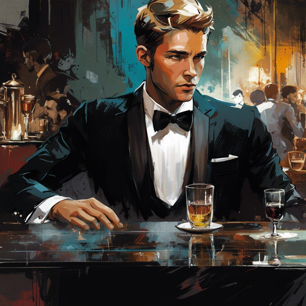 Handsome Man at Cafe in Detailed Mixed Media Style