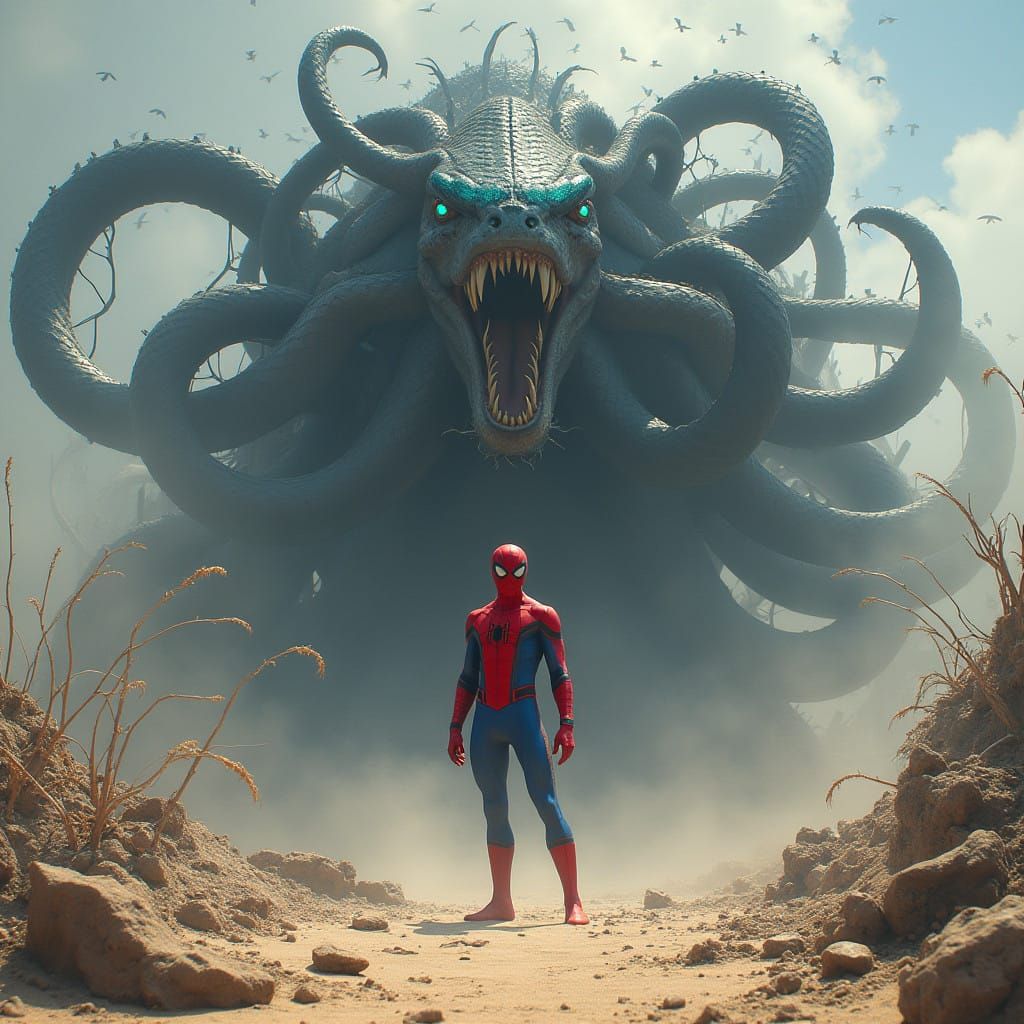 Heroic Spiderman Confronts a Twisted, Multi-Headed Serpent