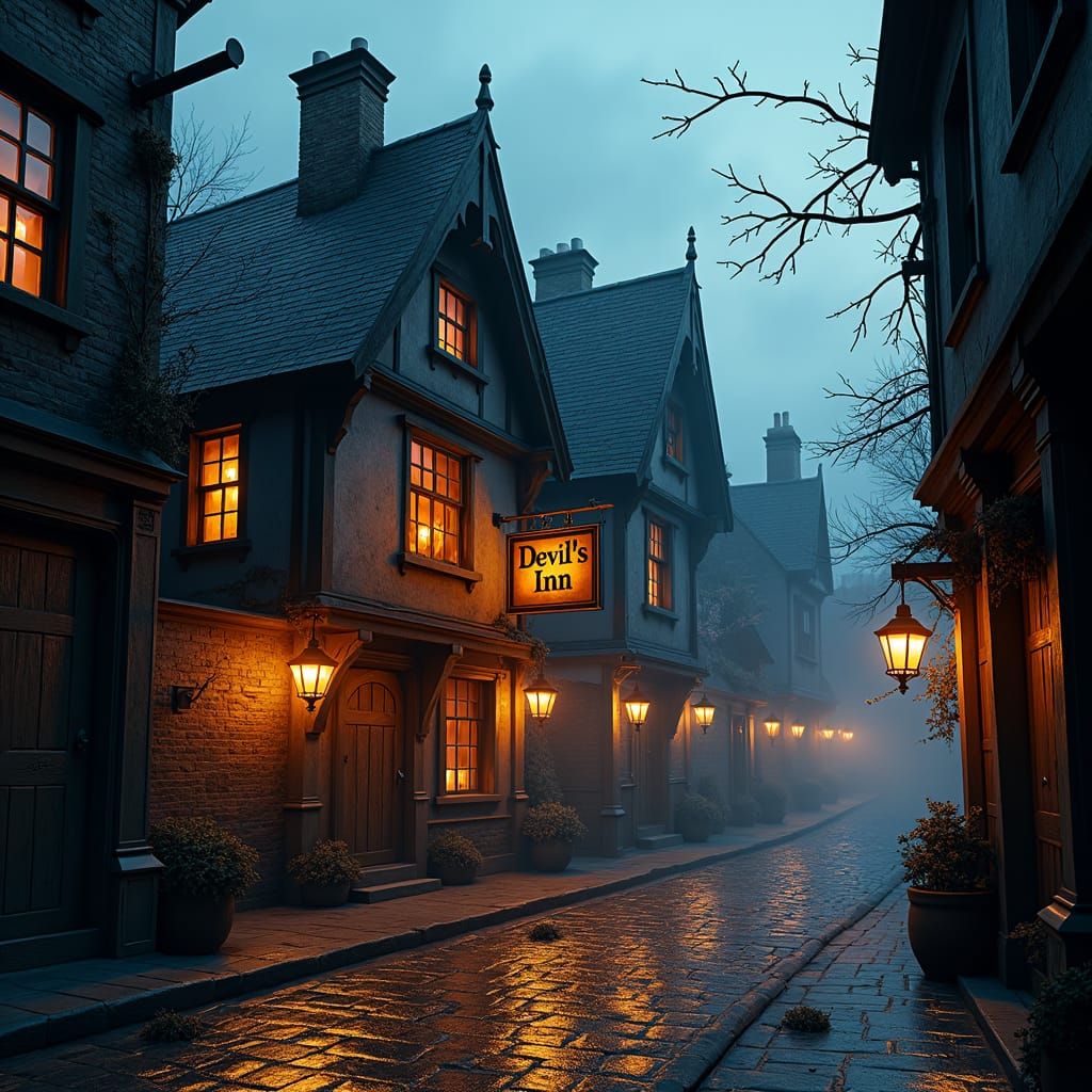 17th Century London Street at Dusk: The Devil's Inn