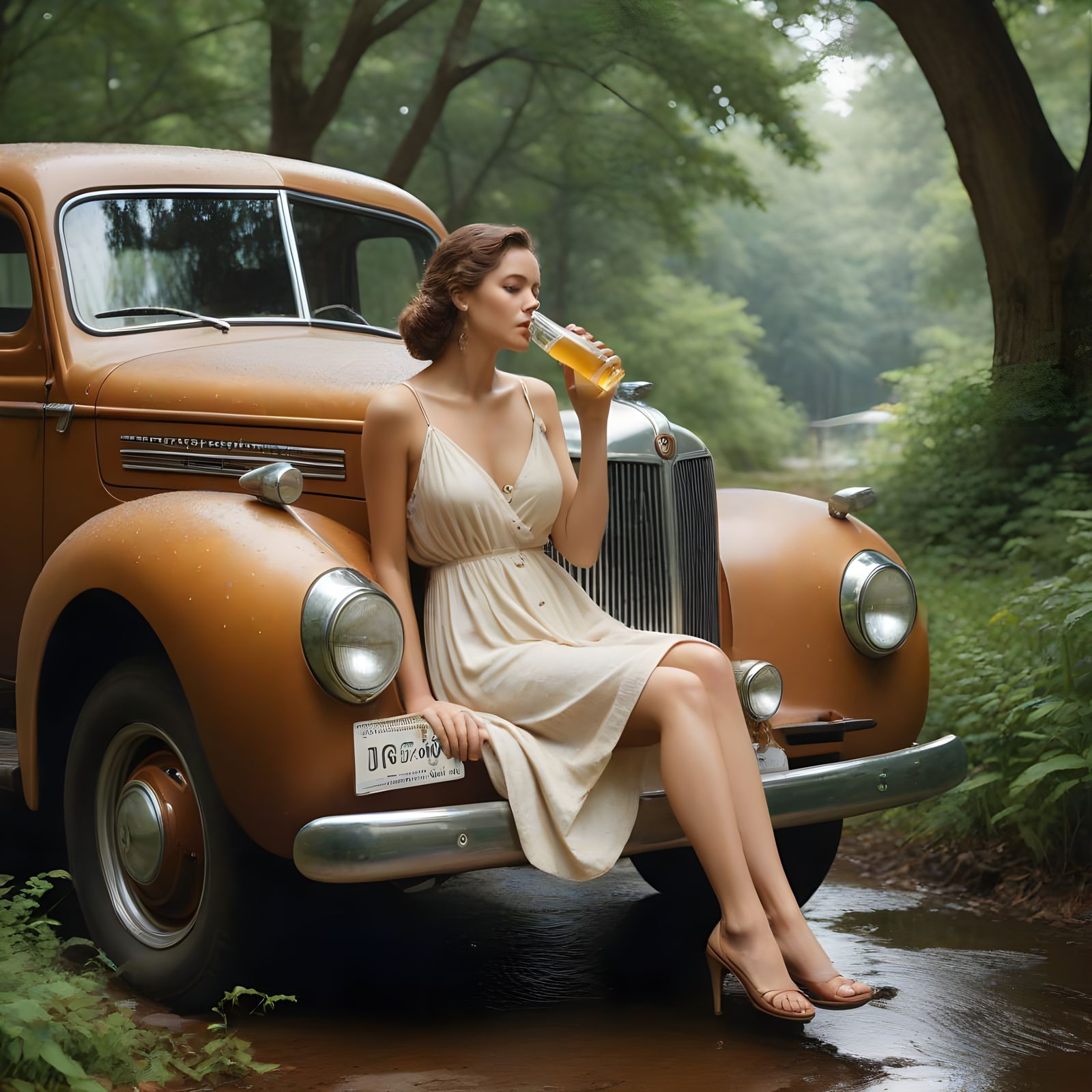 Serene Summer Moment of a Barefoot Girl on a Dodge Car