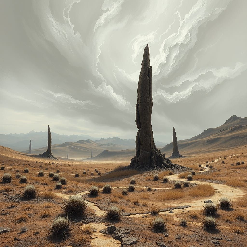 Surreal Highland Landscape with Broken Monoliths and Turbule...