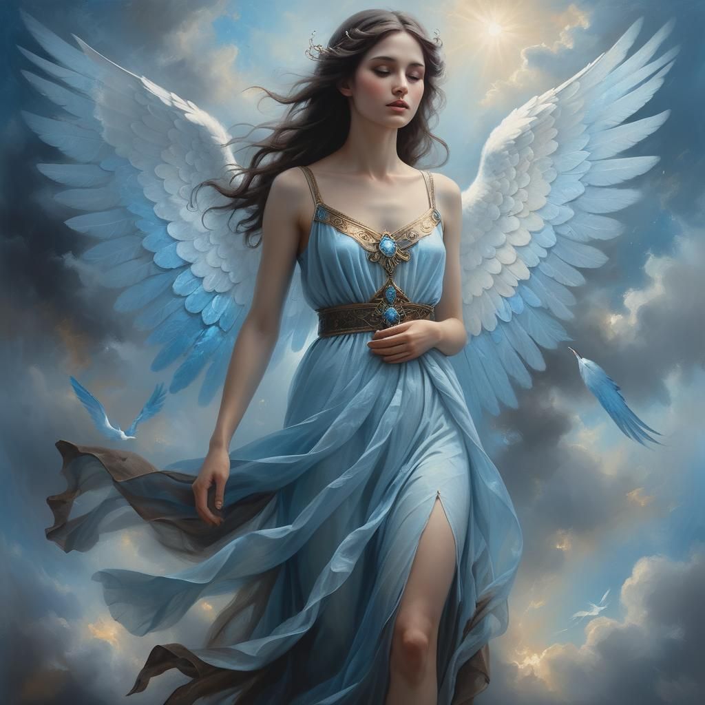 Nordic Angel in Mystical Sky: Oil Painting Masterpiece