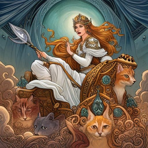 Goddess Freya's Cat Chariot in Black Ink