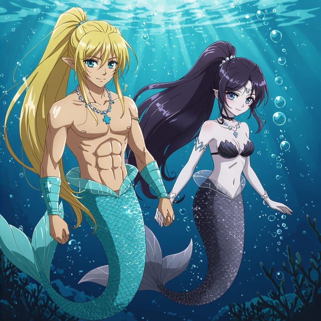 Anime Merman and Mermaid Swimming in the Sea