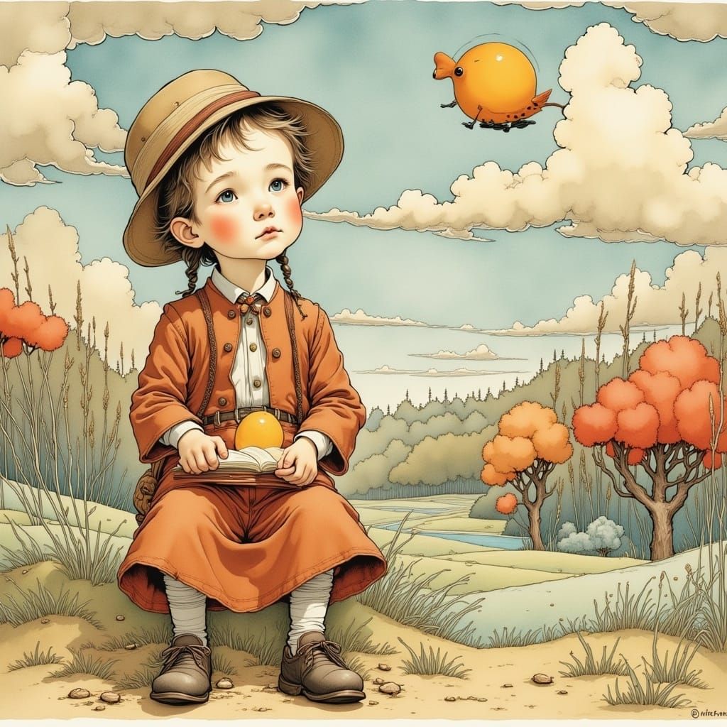 Vibrant Watercolor Whimsy of a Young Girl in a Fantastical W...