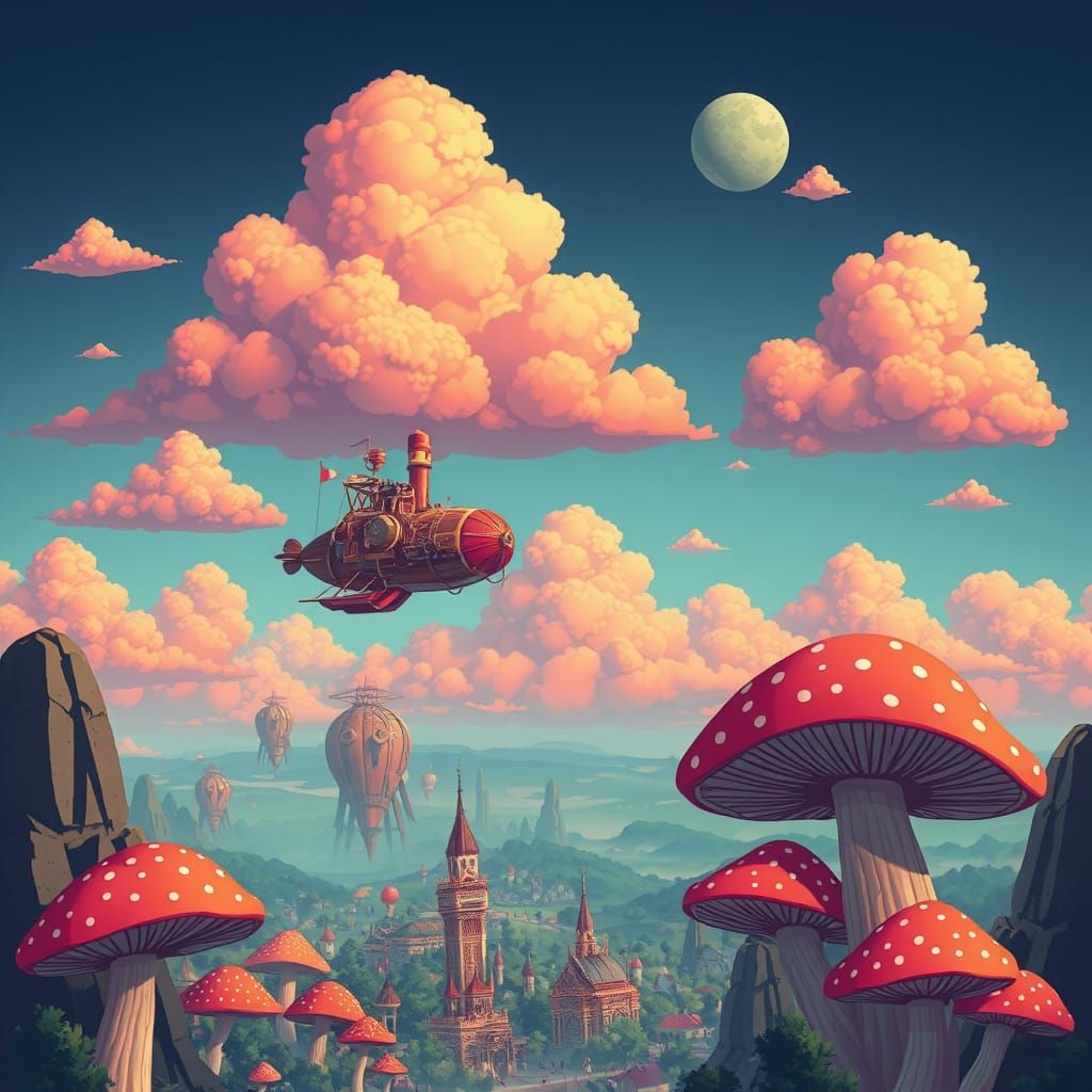 Steampunk Airship Flies Over Mushroom City Amidst Candy Clou...