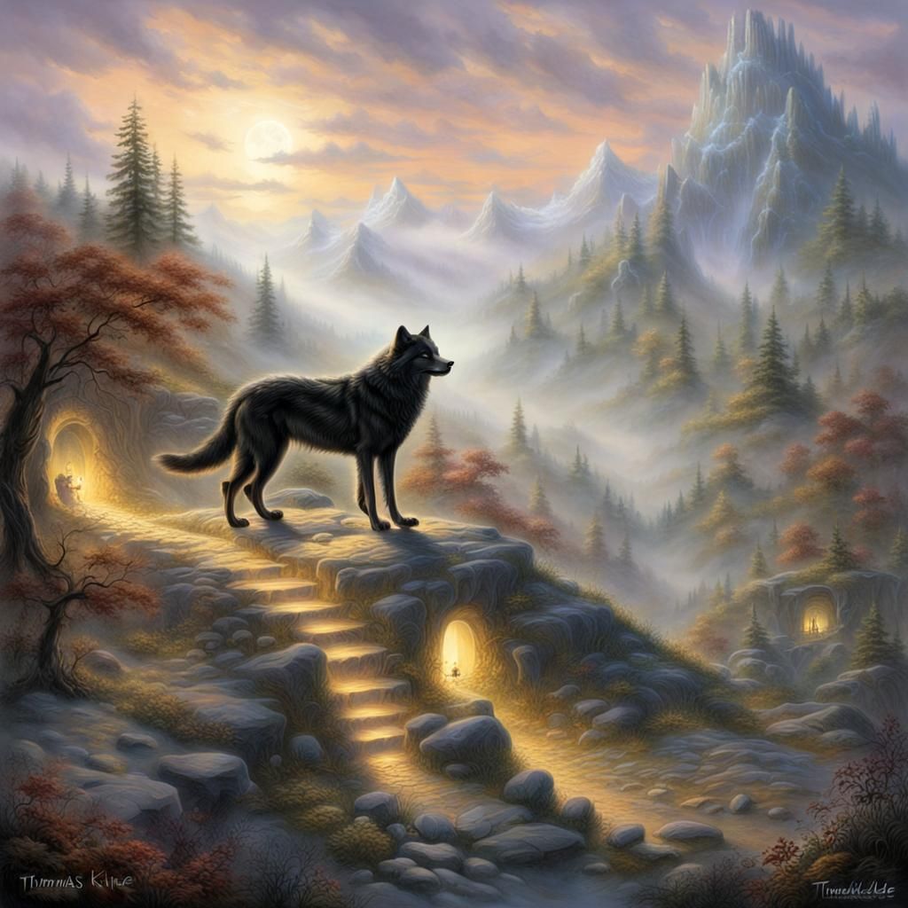 Black Wolf in Skeleton Pit: Ethereal Fantasy Scene