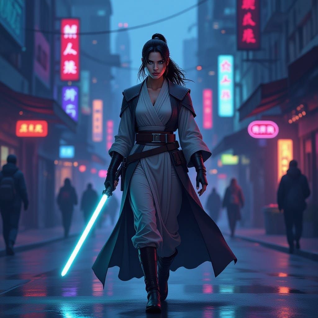 Female Jedi Knight on Nar Shaddaa Streets in Comic Art Style
