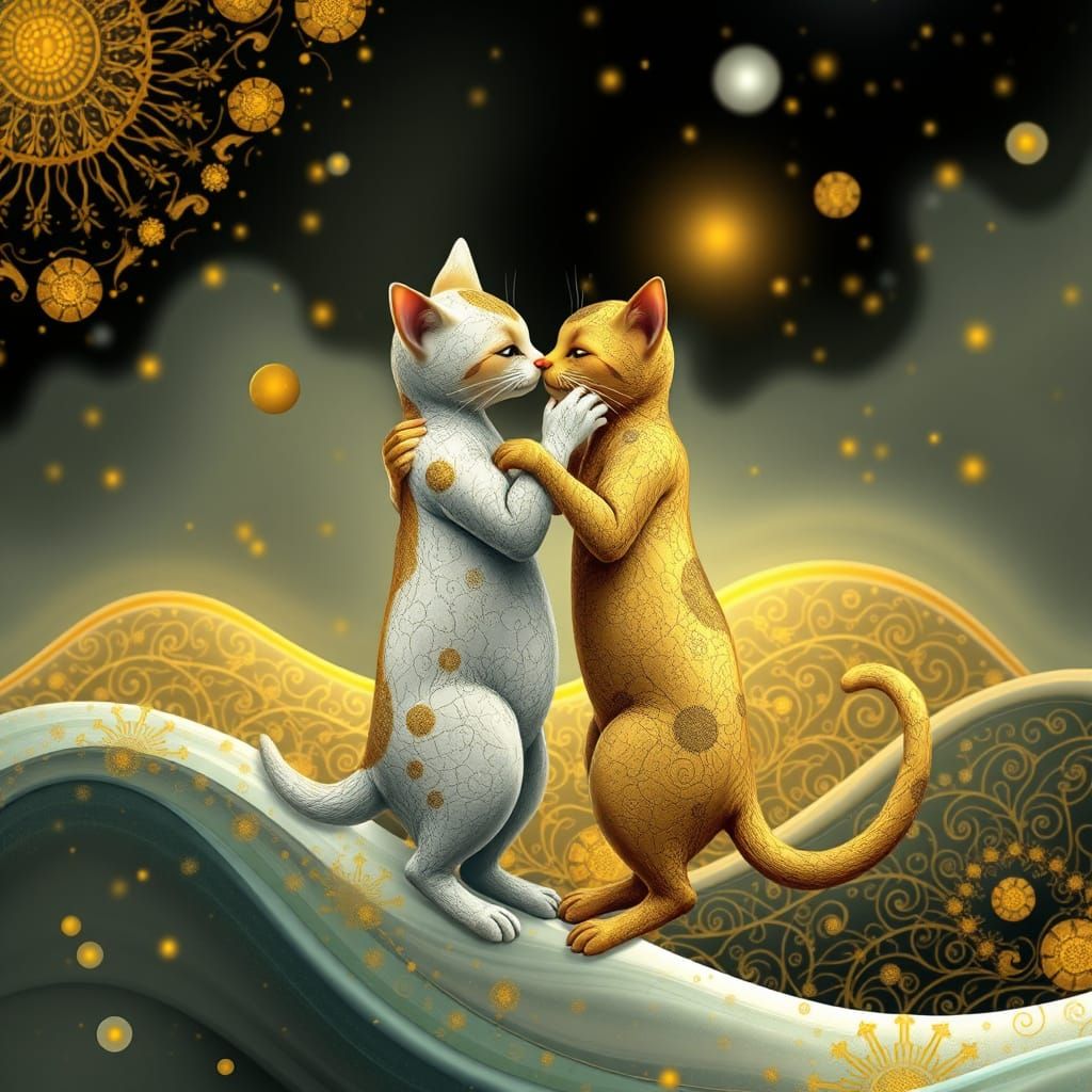 Whimsical Cats in a Klimt-Inspired Tango