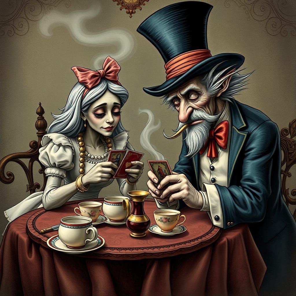 Elderly Alice and Mad Hatter's Whimsical Tea Party