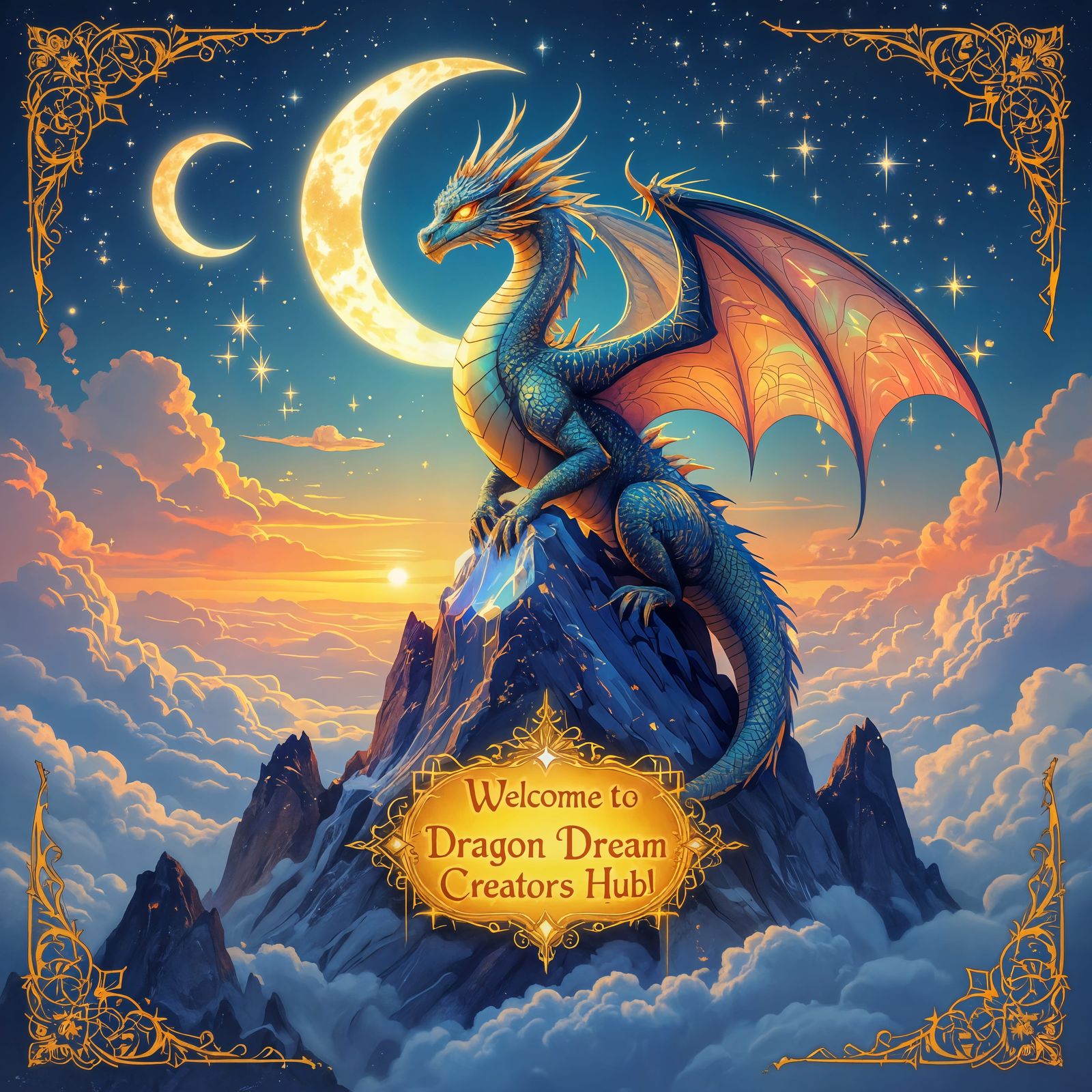 Majestic Dragon Perched Atop Crystal Mountain in Surreal Sty...