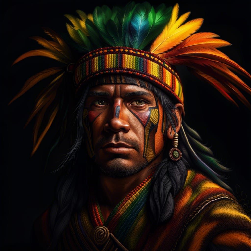 Incan Hunter Portrait with Colorful Fantasy Realism