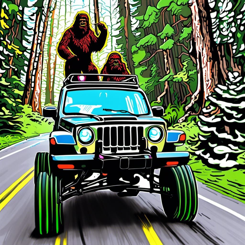 sasquatch driving a white 1982 jeep renegade in a neon fores...